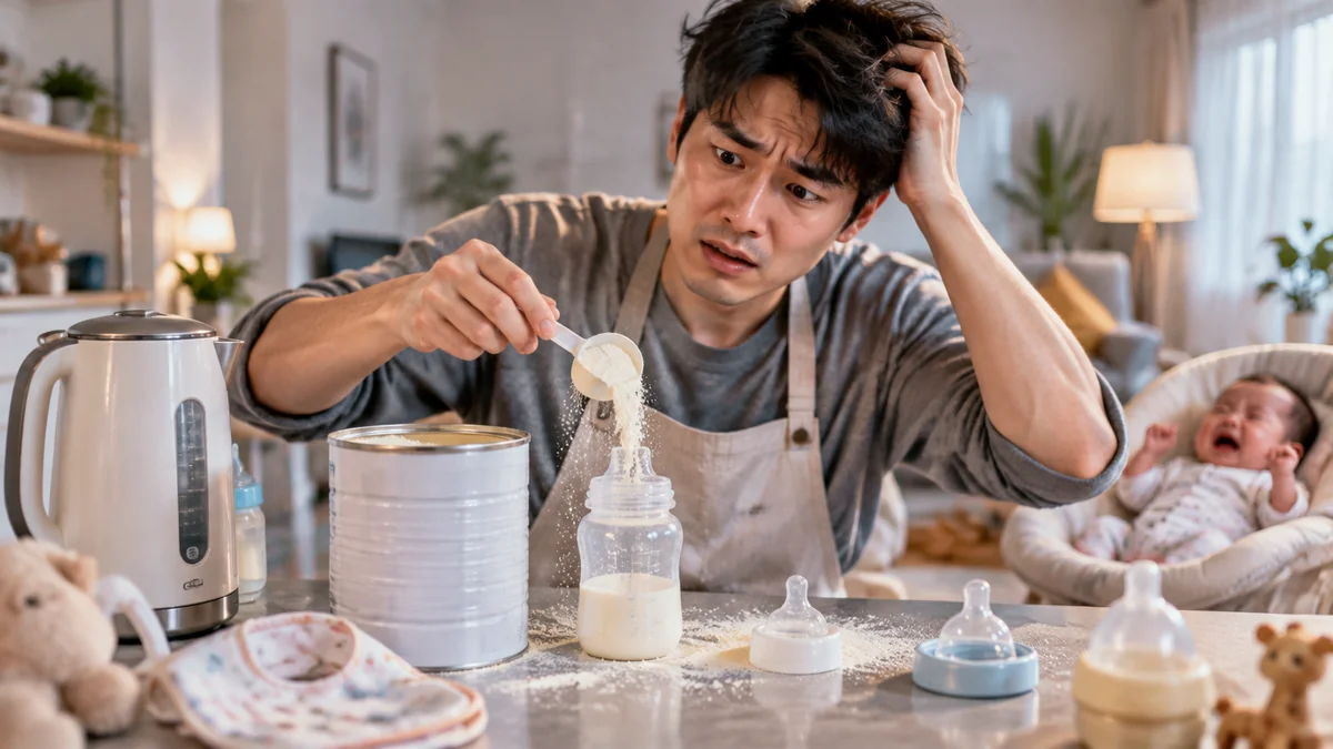 新手奶爸冲奶粉手忙脚乱配图